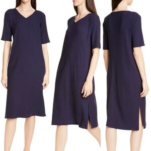 Eileen Fisher Tencel Stretch Rib V Neck Dress Blue Midi Work Lagenlook Size L